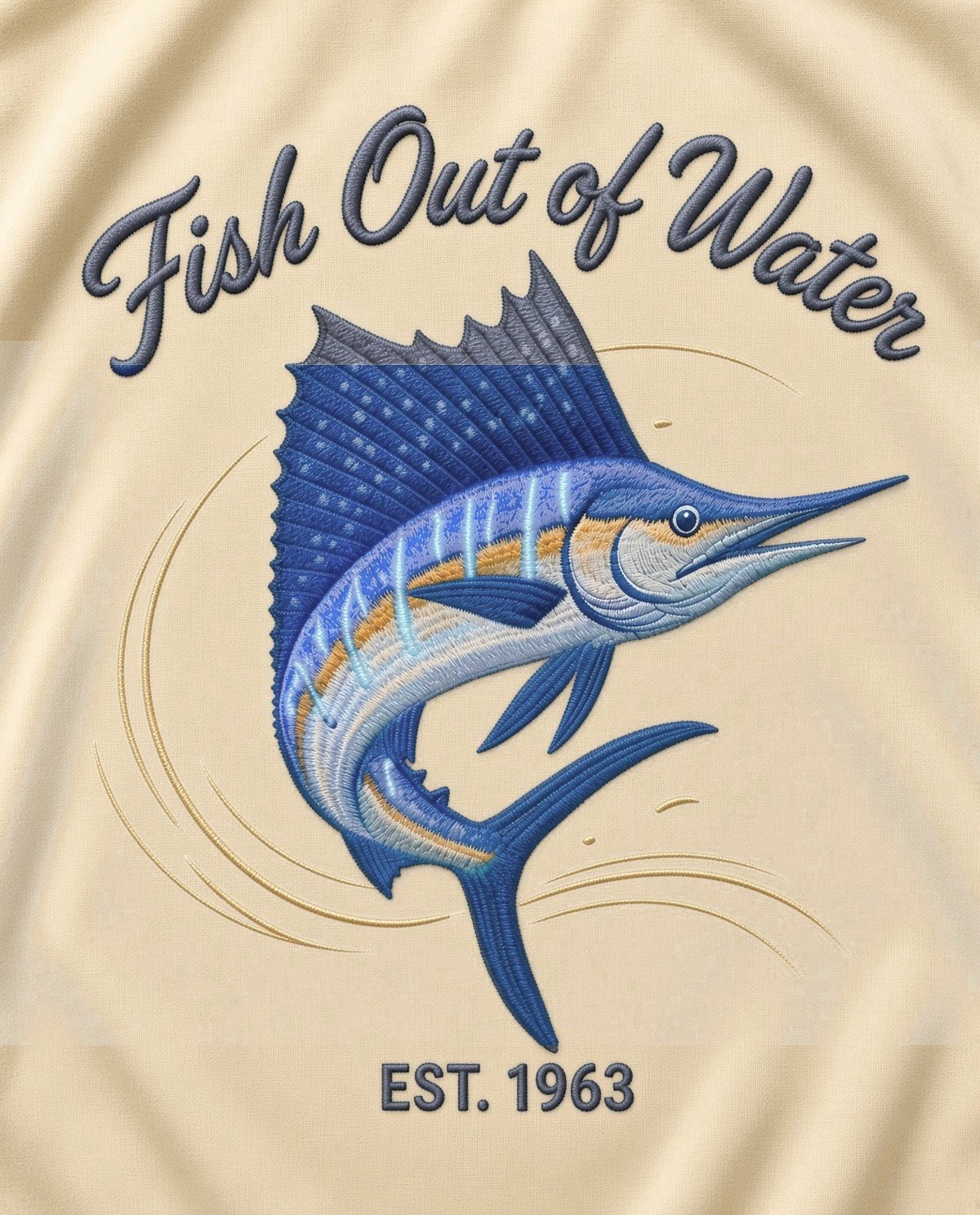 Fish Out of Water — sailfish suspended in swirling air on sand