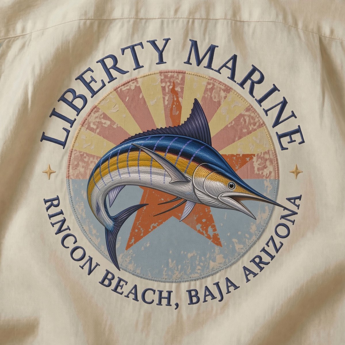 Striped marlin over distressed Arizona flag — cream camp shirt