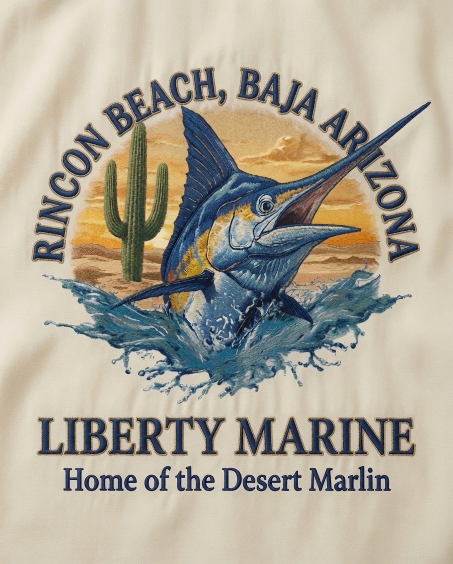 The Desert Marlin — golden hour flagship on cream