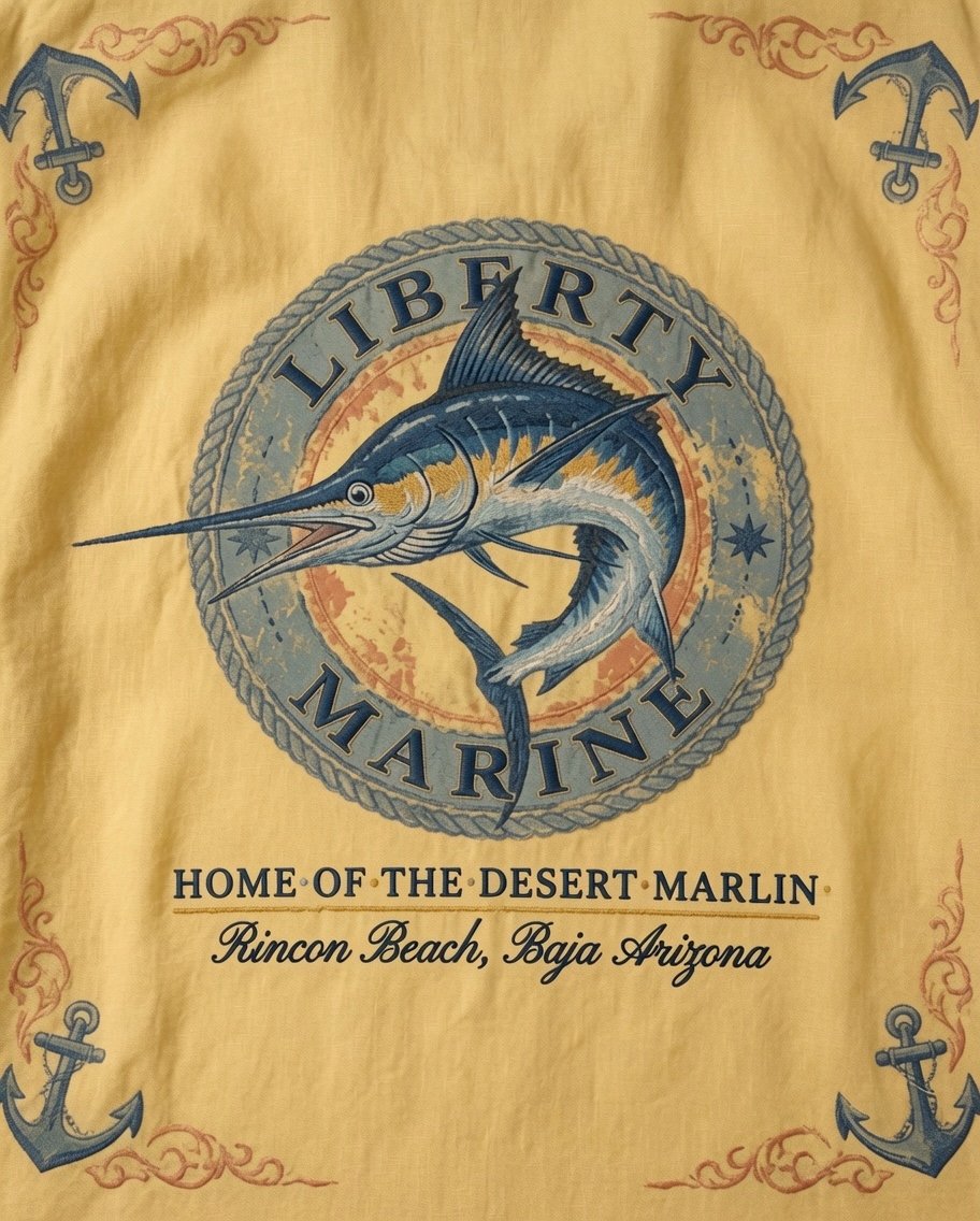 Rope medallion marlin with anchors — camp shirt back