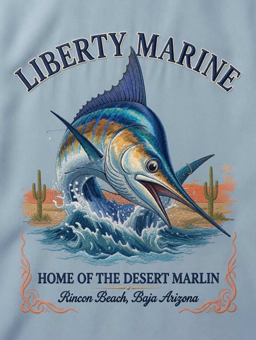 Marlin bursting from desert splash at sunset — light blue camp shirt